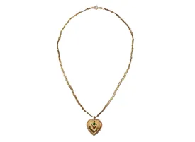 1961 Heart-Shaped Engraved 14k Gold Locket Necklace With Emerald Flower Motif