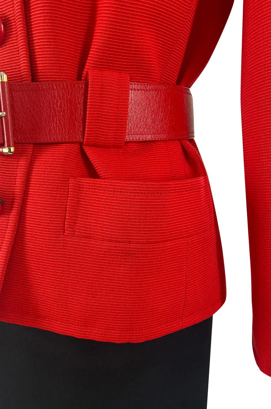 1980s Ady Couture Lausanne Red Belted Box Jacket & Long Black Skirt Suit Set