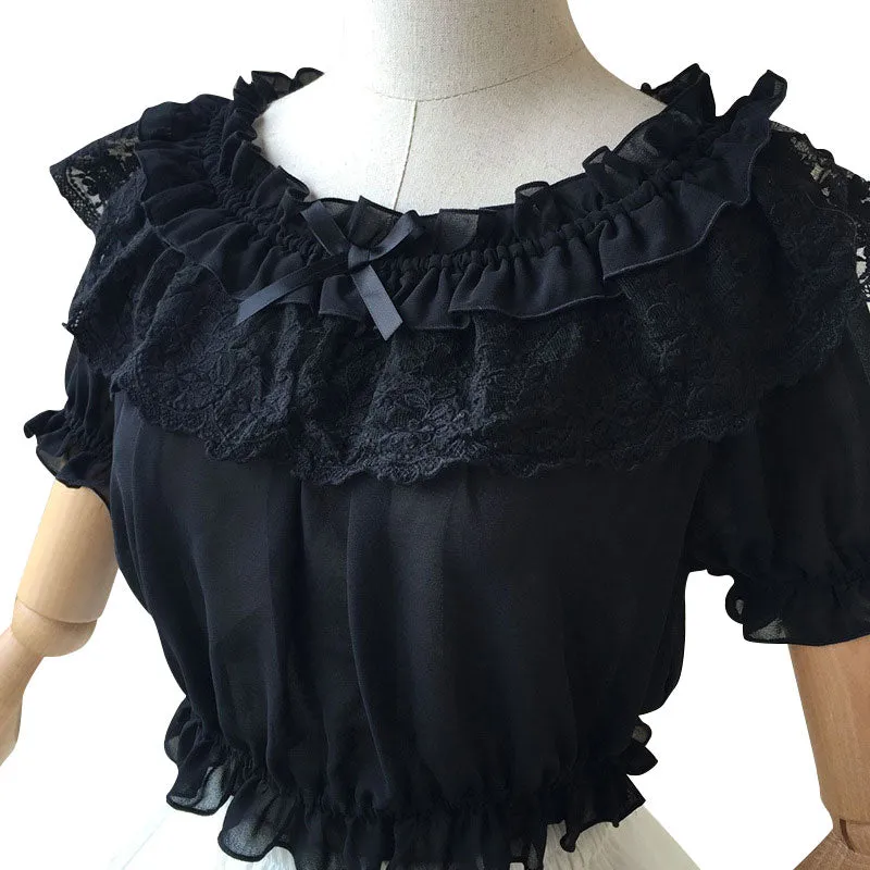 2019 Womens Chiffon Crop Top Summer Short Sleeve Blouse with Lace Detailing
