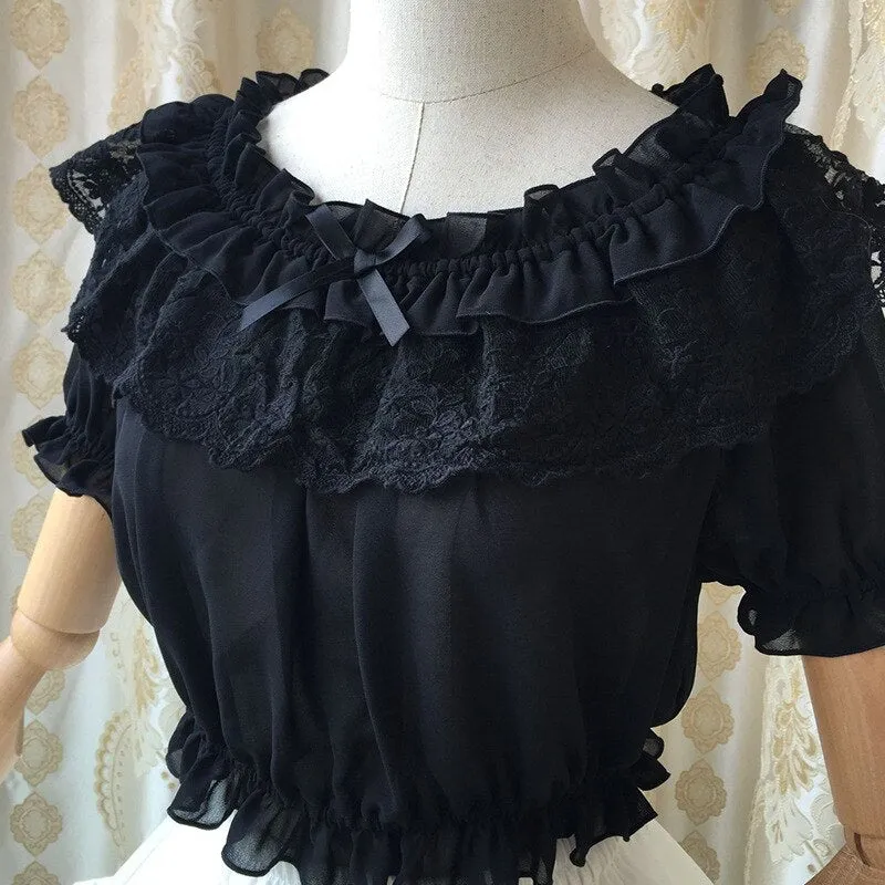 2019 Womens Chiffon Crop Top Summer Short Sleeve Blouse with Lace Detailing