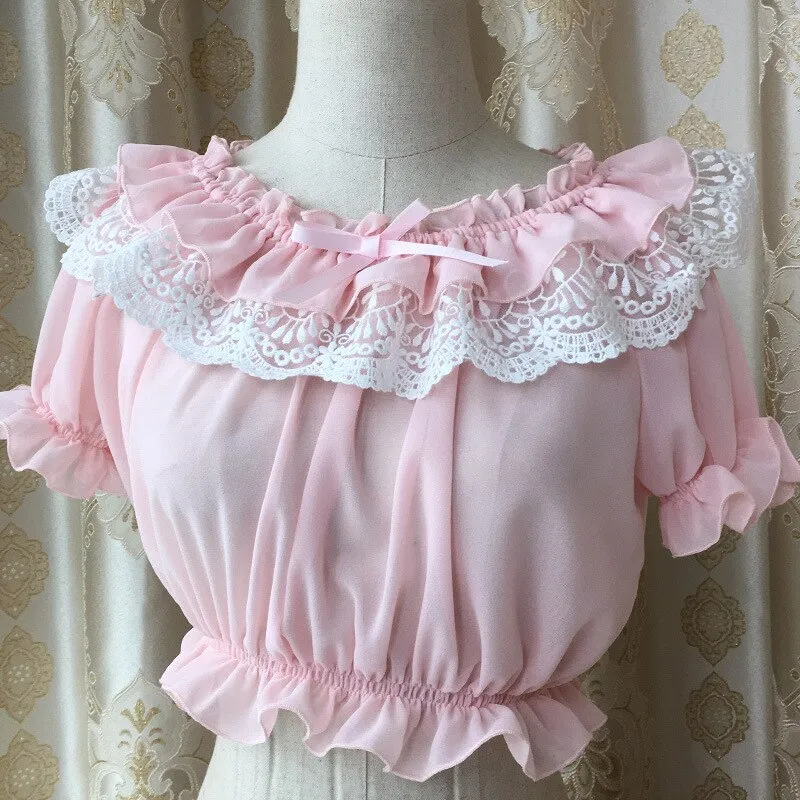 2019 Womens Chiffon Crop Top Summer Short Sleeve Blouse with Lace Detailing