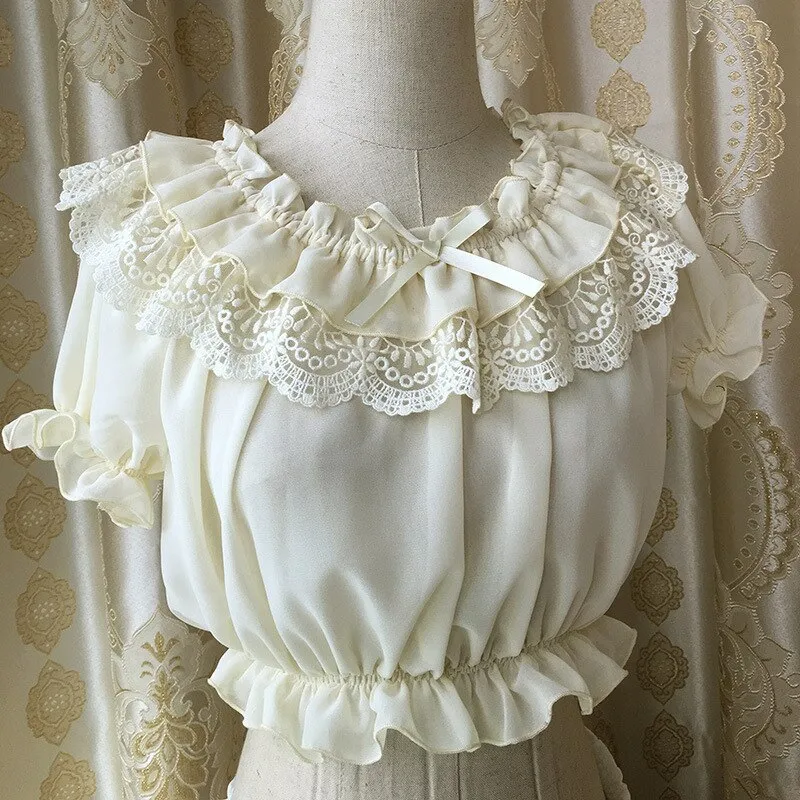 2019 Womens Chiffon Crop Top Summer Short Sleeve Blouse with Lace Detailing