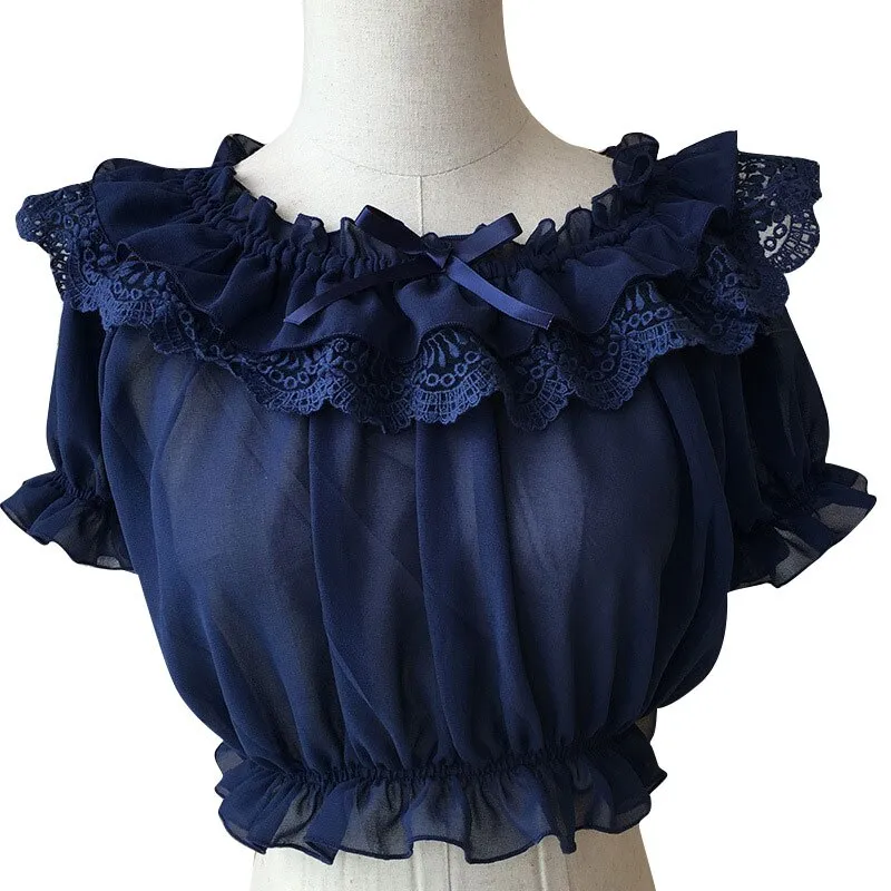 2019 Womens Chiffon Crop Top Summer Short Sleeve Blouse with Lace Detailing