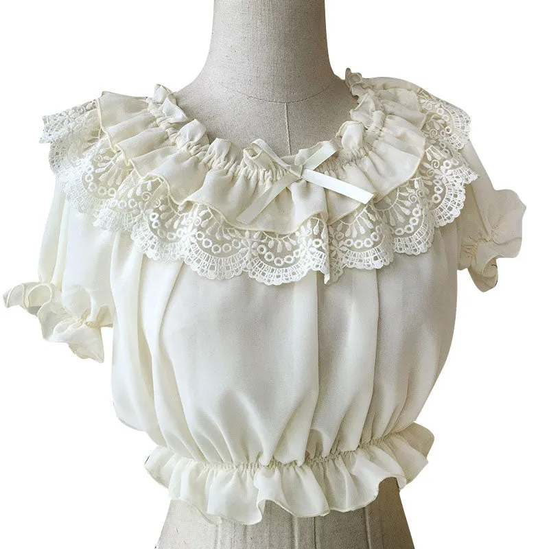 2019 Womens Chiffon Crop Top Summer Short Sleeve Blouse with Lace Detailing