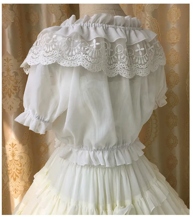 2019 Womens Chiffon Crop Top Summer Short Sleeve Blouse with Lace Detailing