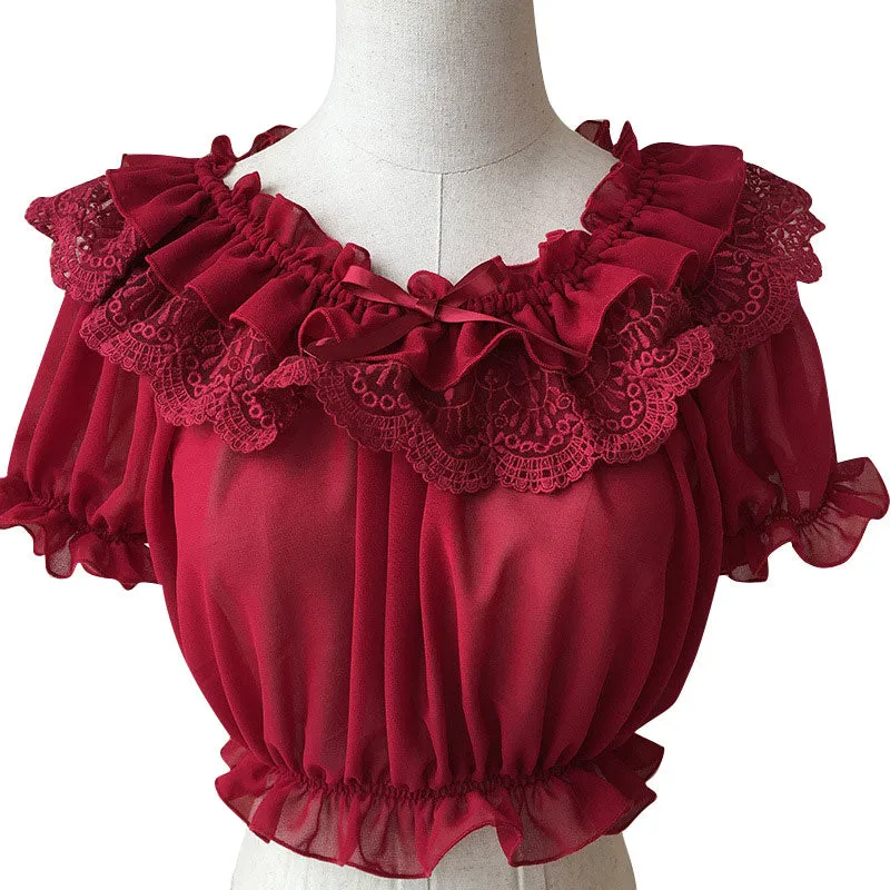 2019 Womens Chiffon Crop Top Summer Short Sleeve Blouse with Lace Detailing