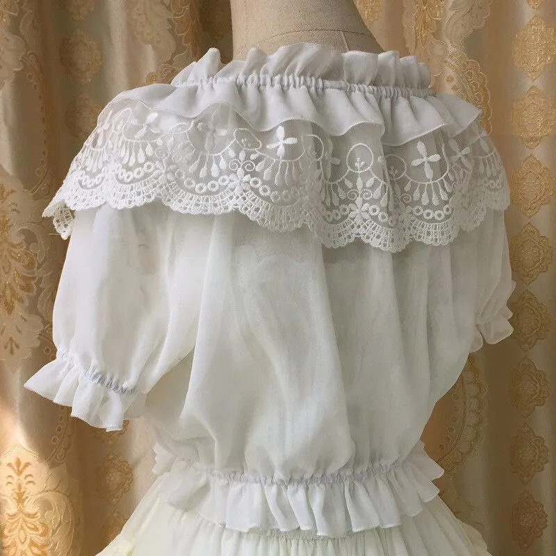 2019 Womens Chiffon Crop Top Summer Short Sleeve Blouse with Lace Detailing