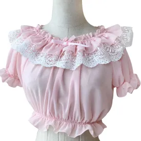 2019 Womens Chiffon Crop Top Summer Short Sleeve Blouse with Lace Detailing