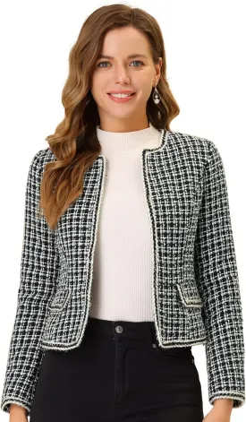 Allegra K Women's Christmas Plaid Tweed Blazer Long Sleeve Open Front Work Office Short Jacket