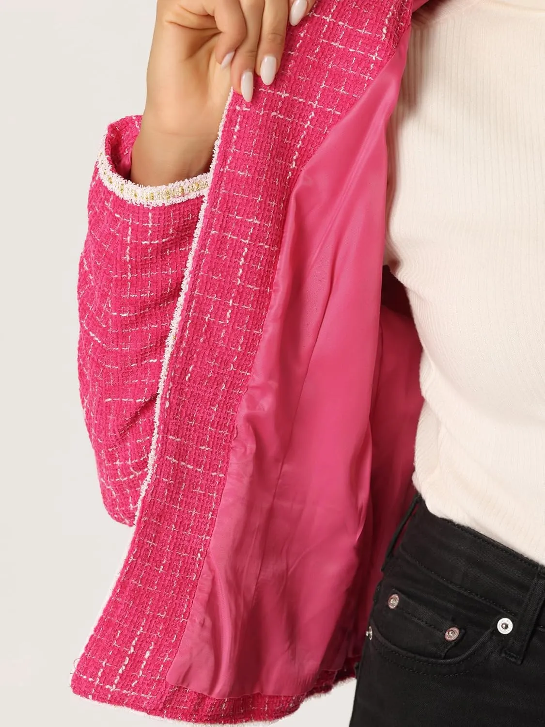 Allegra K Women's Christmas Plaid Tweed Blazer Long Sleeve Open Front Work Office Short Jacket