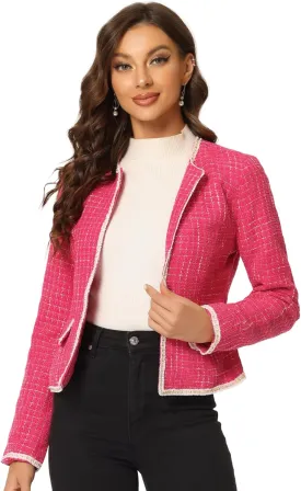 Allegra K Women's Christmas Plaid Tweed Blazer Long Sleeve Open Front Work Office Short Jacket
