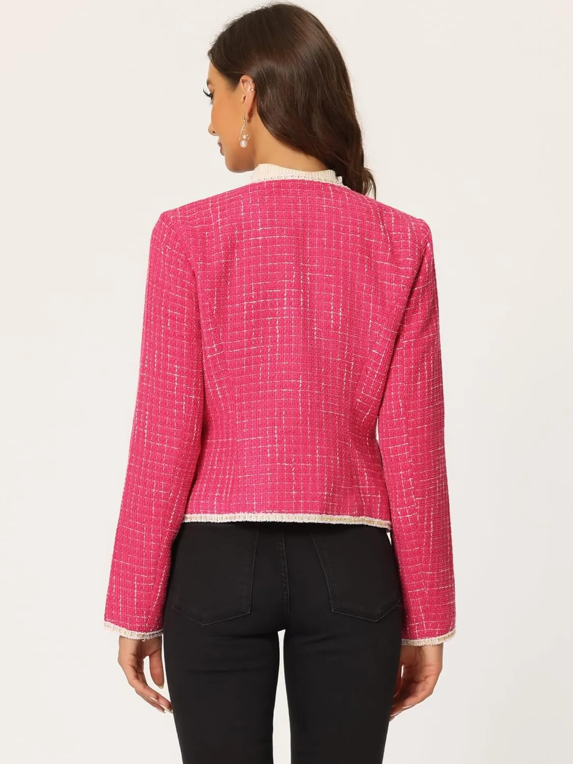 Allegra K Women's Christmas Plaid Tweed Blazer Long Sleeve Open Front Work Office Short Jacket