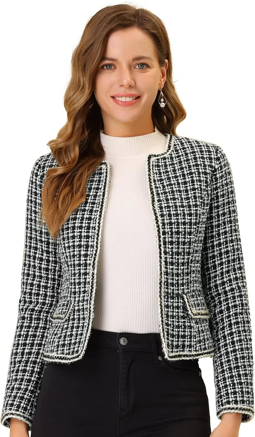 Allegra K Women's Christmas Plaid Tweed Blazer Long Sleeve Open Front Work Office Short Jacket