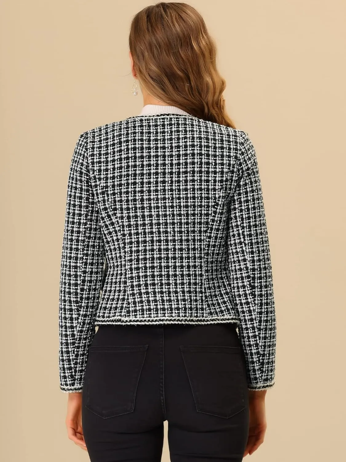 Allegra K Women's Christmas Plaid Tweed Blazer Long Sleeve Open Front Work Office Short Jacket