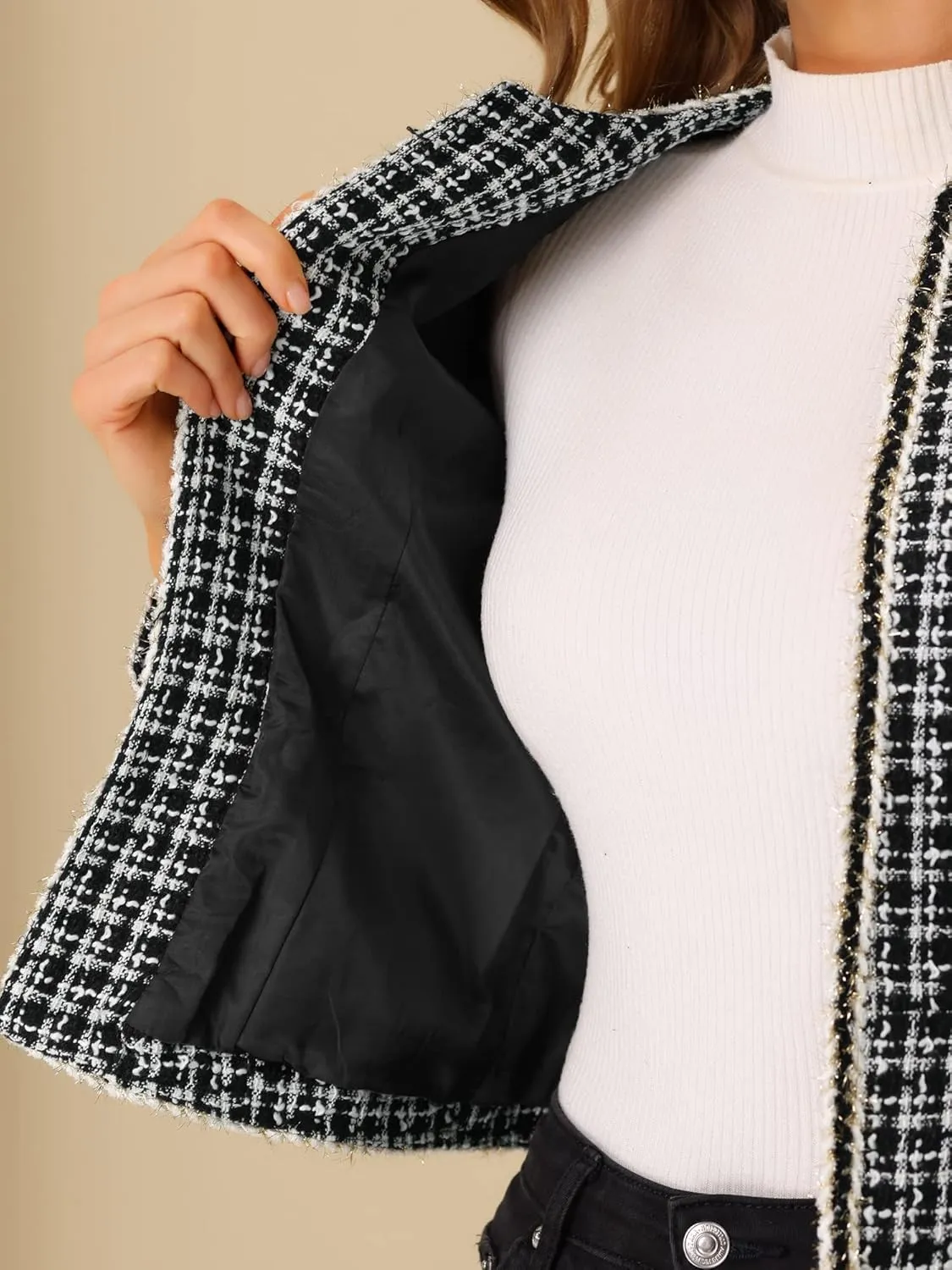 Allegra K Women's Christmas Plaid Tweed Blazer Long Sleeve Open Front Work Office Short Jacket