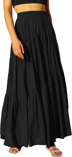 ANRABESS Womens Boho Elastic High Waist Pleated A-Line Flowy Swing Asymmetric Tiered Maxi Long Skirt Dress with Pockets