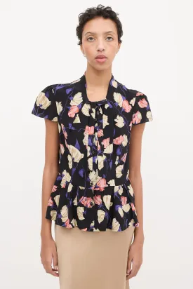 Black & Multi Silk Floral Frill Blouse