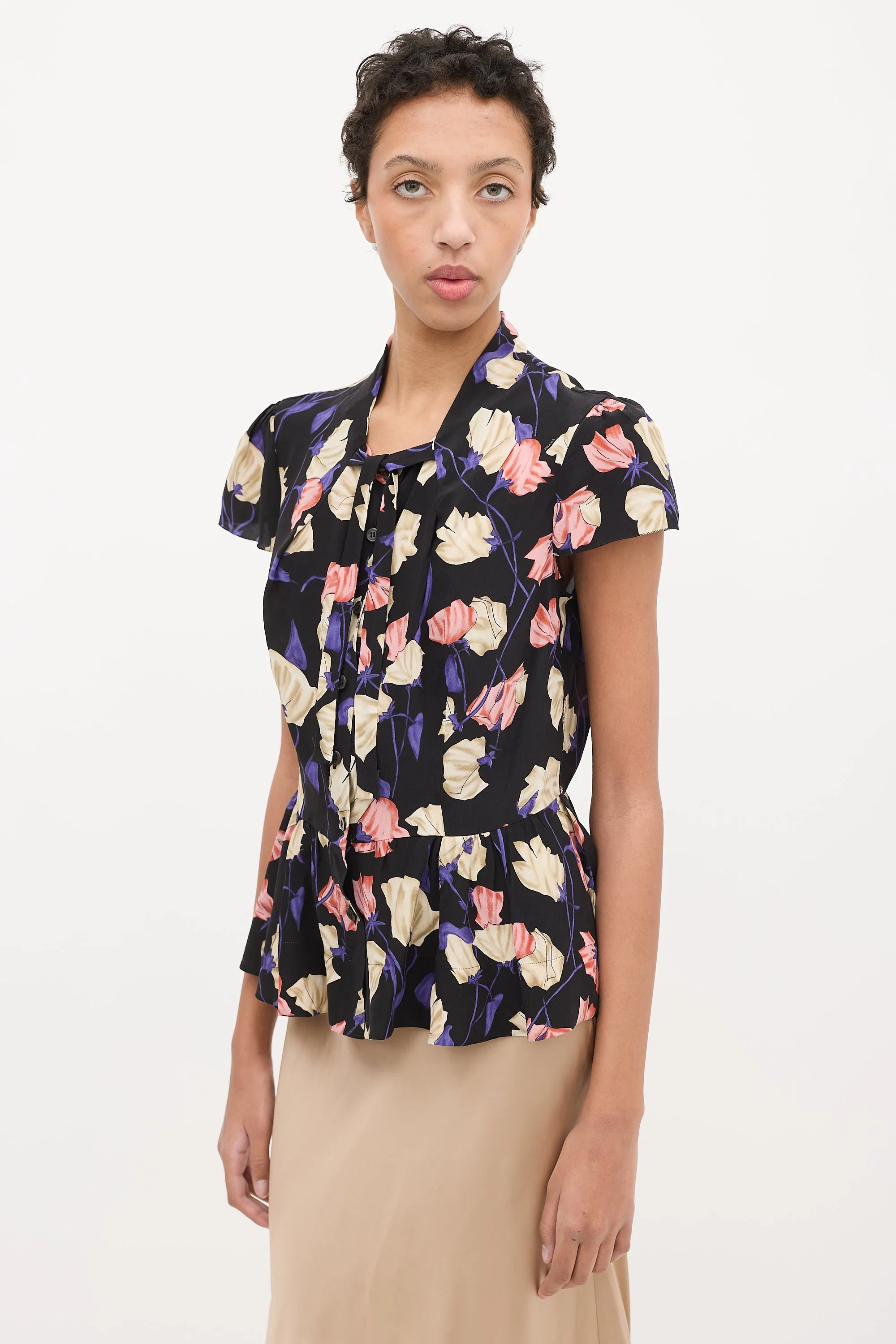 Black & Multi Silk Floral Frill Blouse