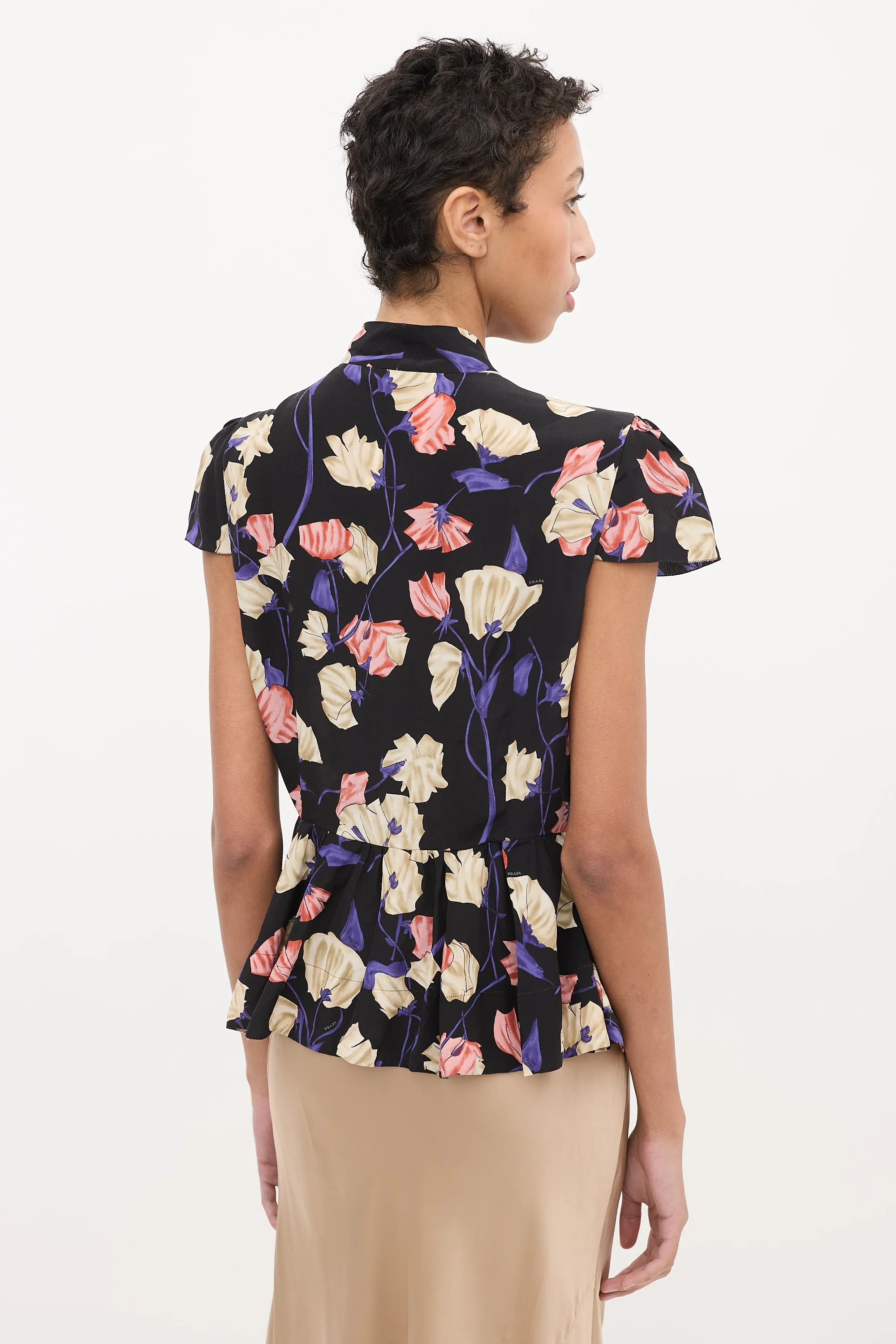 Black & Multi Silk Floral Frill Blouse