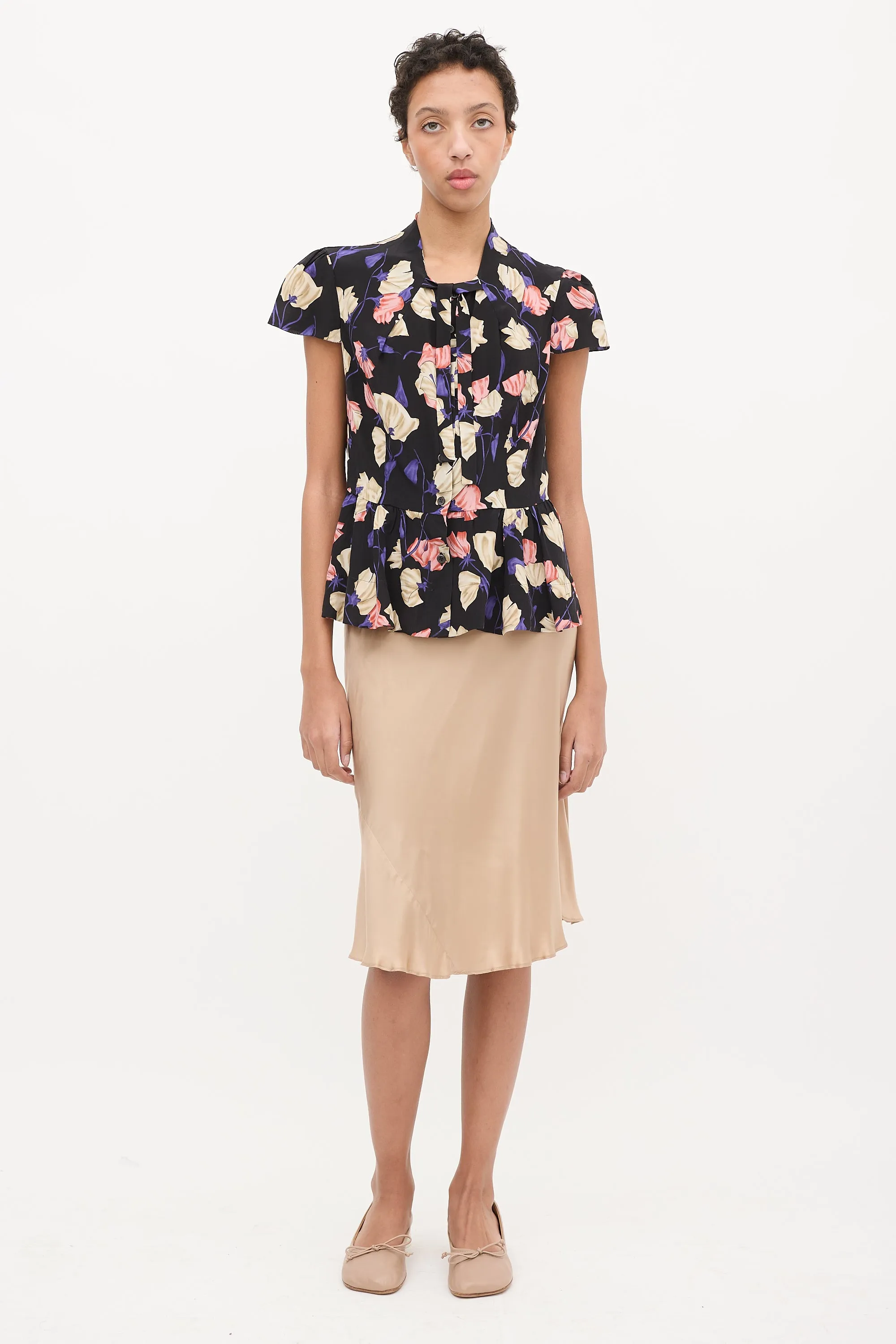 Black & Multi Silk Floral Frill Blouse