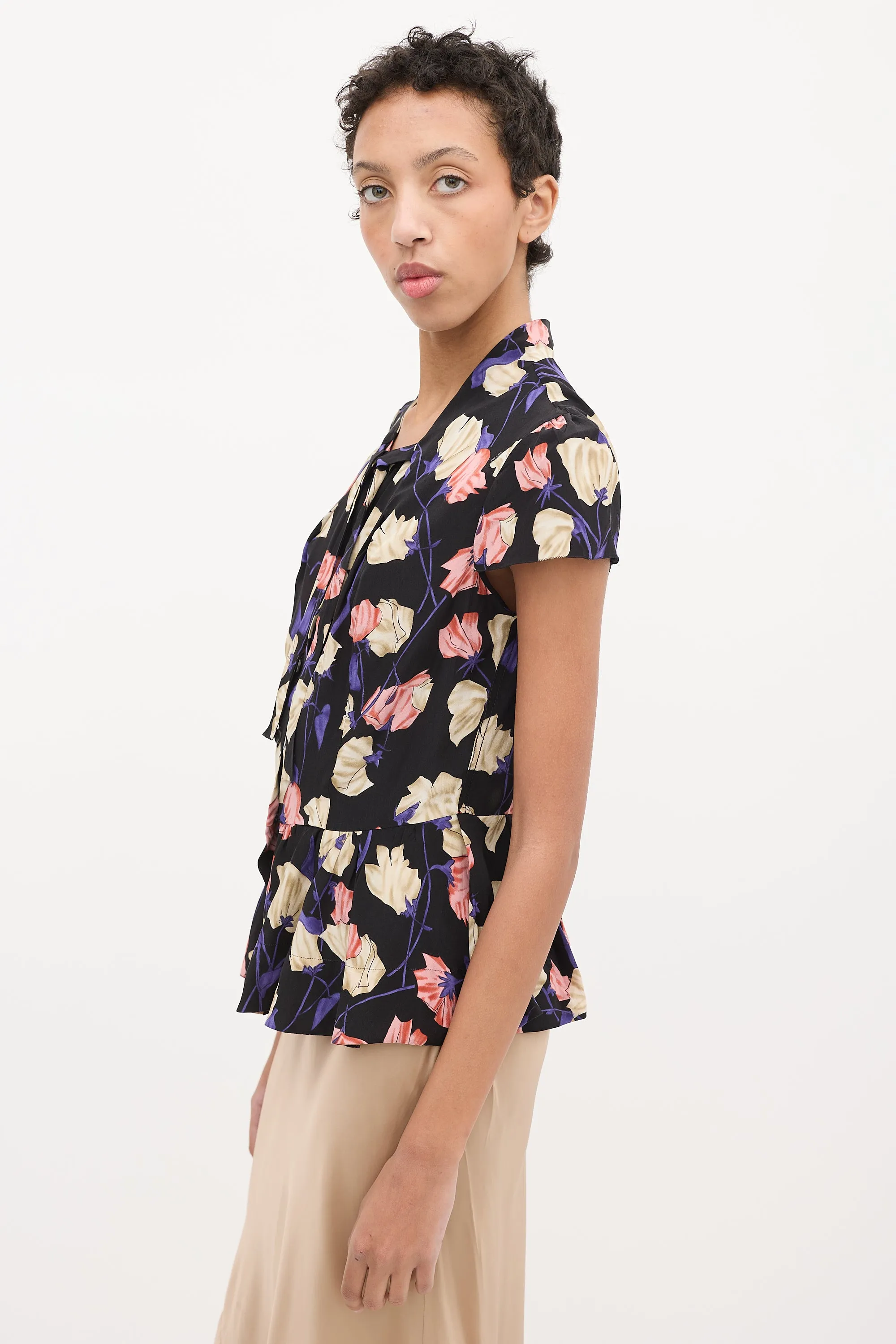 Black & Multi Silk Floral Frill Blouse
