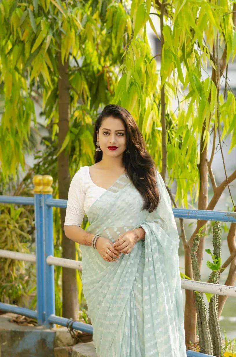 Blue Poly Chiffon Ethnic Motifs Saree with Unstitched Blouse - A2M