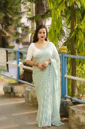Blue Poly Chiffon Ethnic Motifs Saree with Unstitched Blouse - A2M