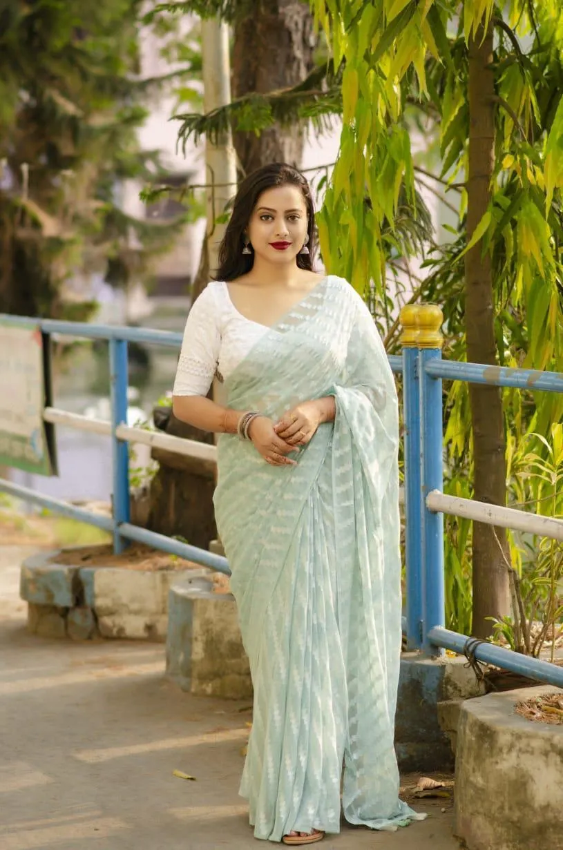 Blue Poly Chiffon Ethnic Motifs Saree with Unstitched Blouse - A2M