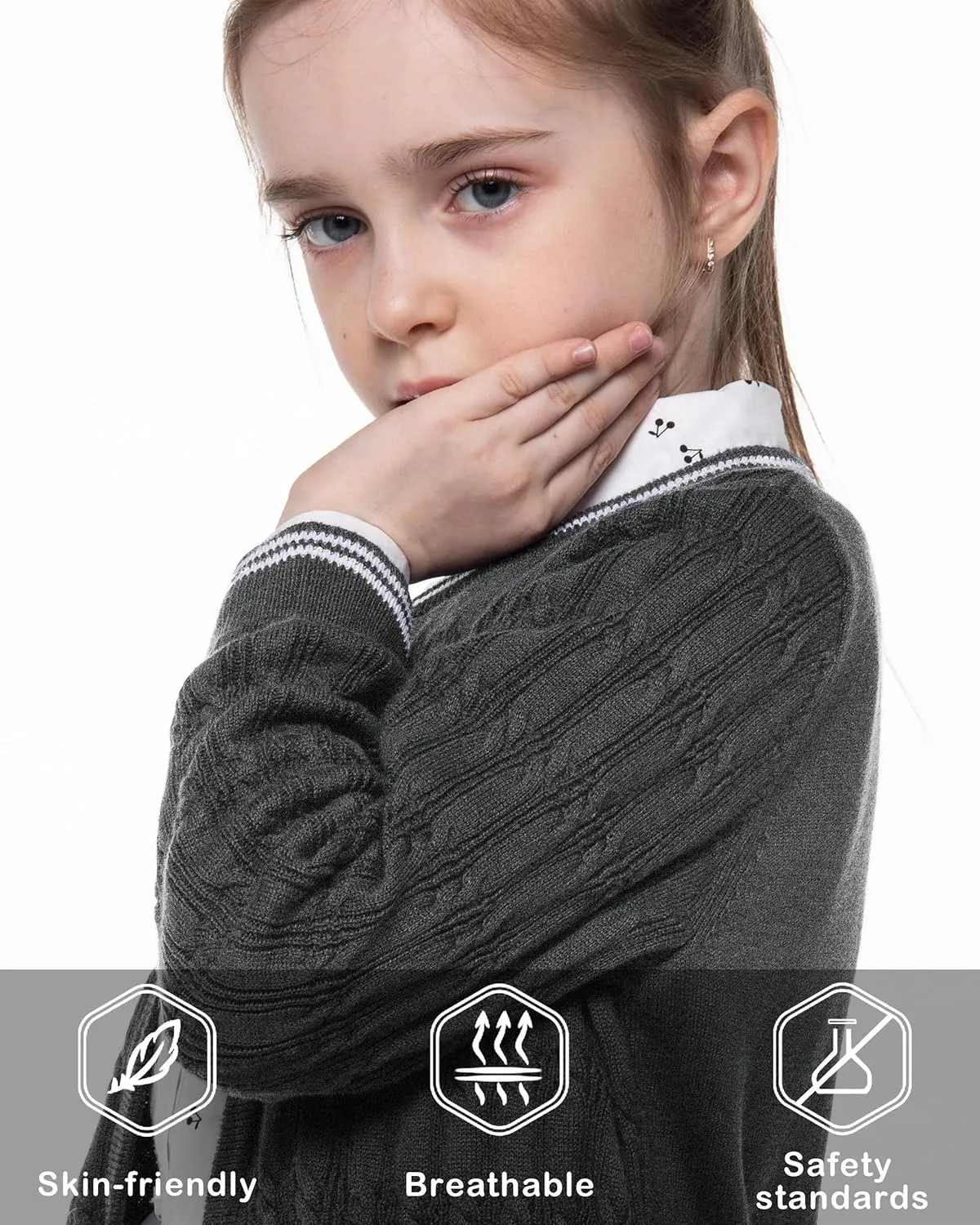 BOBOYOYO Girls Cardigan Kids School Uniform Sweater 100% Cotton Knit Girls Sweaters Button Crewneck Toddler Cardigans