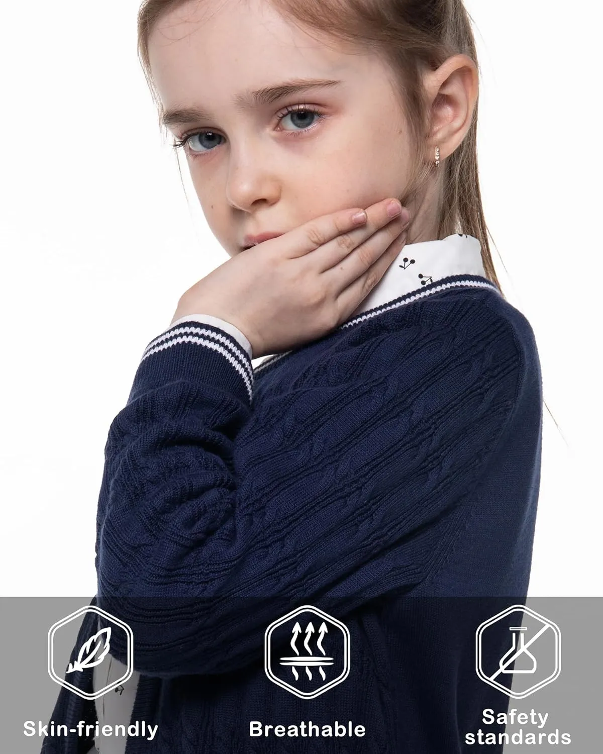 BOBOYOYO Girls Cardigan Kids School Uniform Sweater 100% Cotton Knit Girls Sweaters Button Crewneck Toddler Cardigans