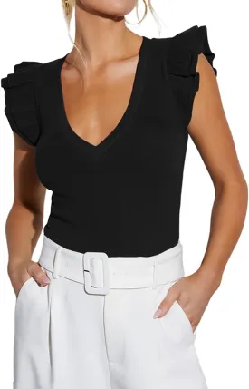 BONITEE Women Summer Ruffle Tops Sexy Deep V Neck Short Sleeve Shirts Trendy Casual Ribbed Slim Fitted Knit Tees Blouse