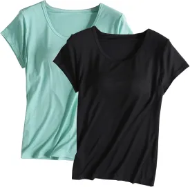 Built in Bra Tops for Women Padded Active Yoga T-Shirt Short Sleeve Plain Blouses Pajama Casual Workout Shirts 2 Pack