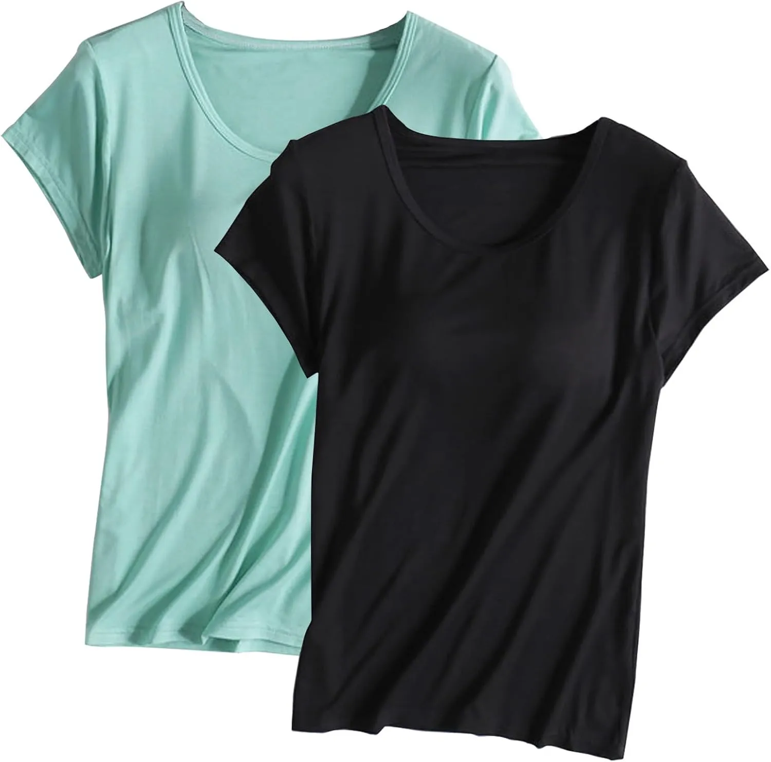 Built in Bra Tops for Women Padded Active Yoga T-Shirt Short Sleeve Plain Blouses Pajama Casual Workout Shirts 2 Pack