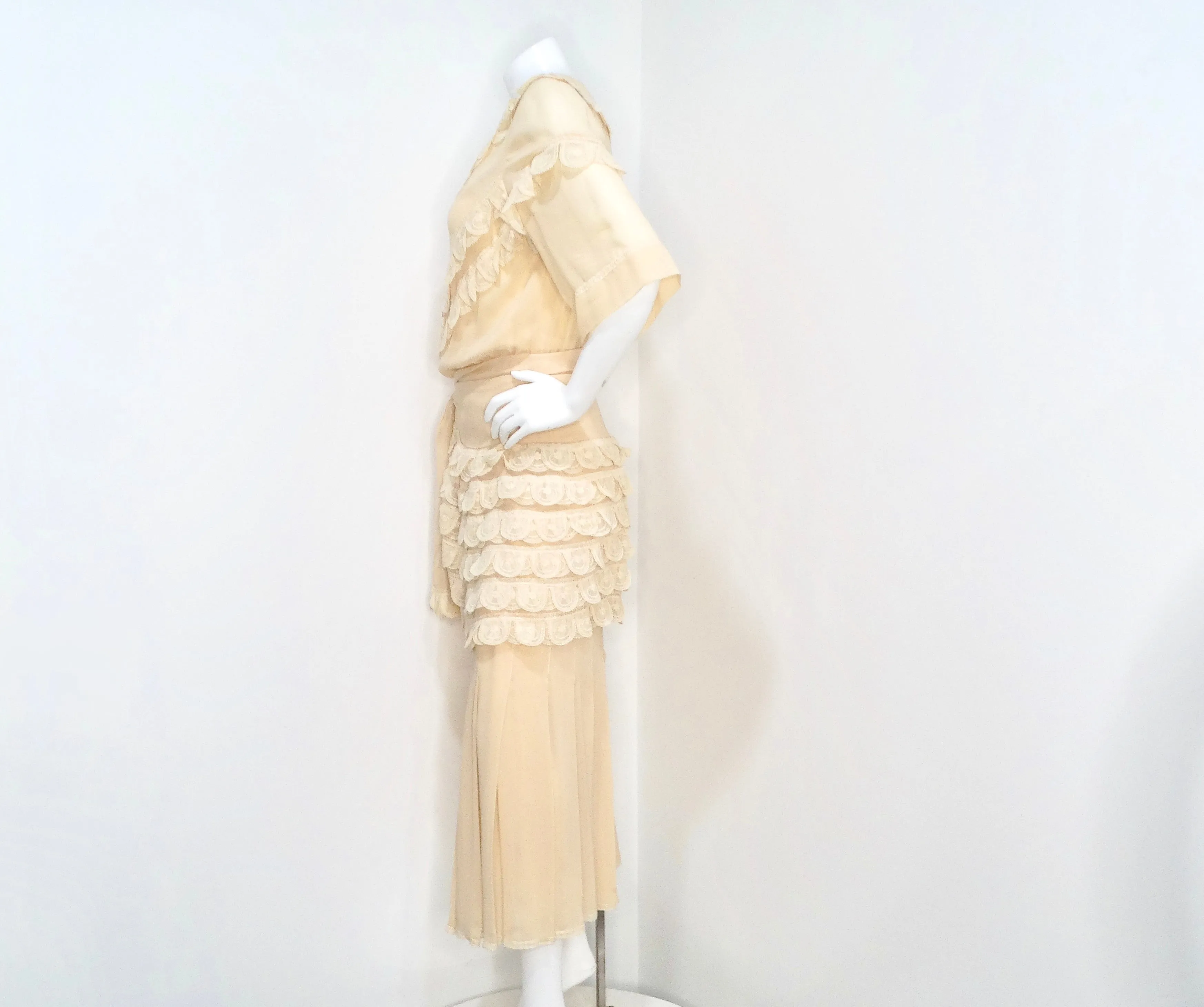 Chloe by Karl Lagerfeld Circa 1970s Cream Blush Tiered Lace & Pleated Dress
