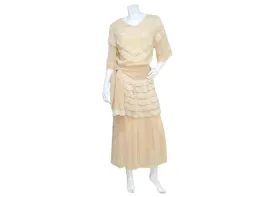 Chloe by Karl Lagerfeld Circa 1970s Cream Blush Tiered Lace & Pleated Dress