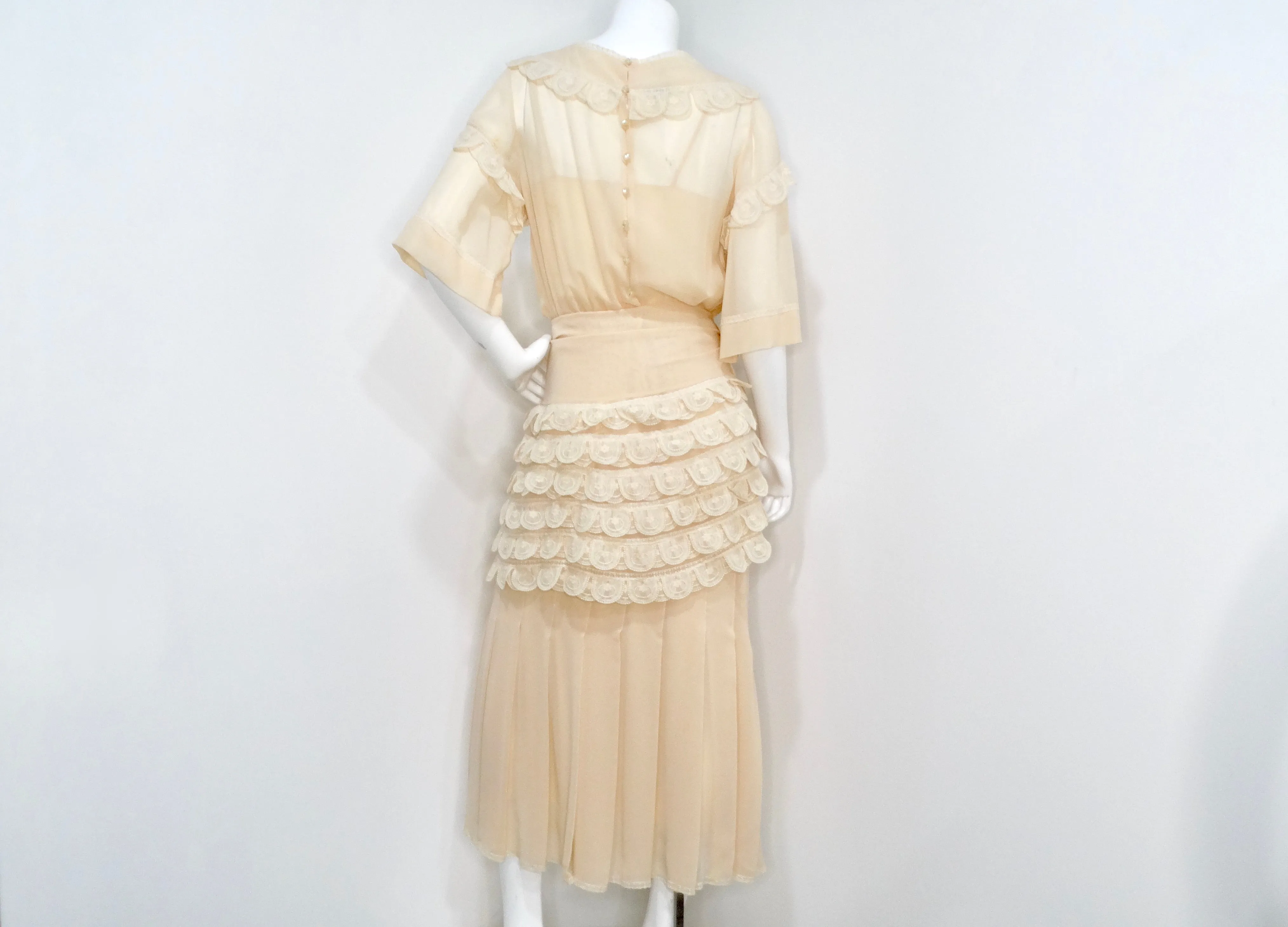 Chloe by Karl Lagerfeld Circa 1970s Cream Blush Tiered Lace & Pleated Dress