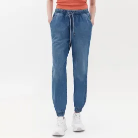 crop denim slim fit medium blue jogger pant for women