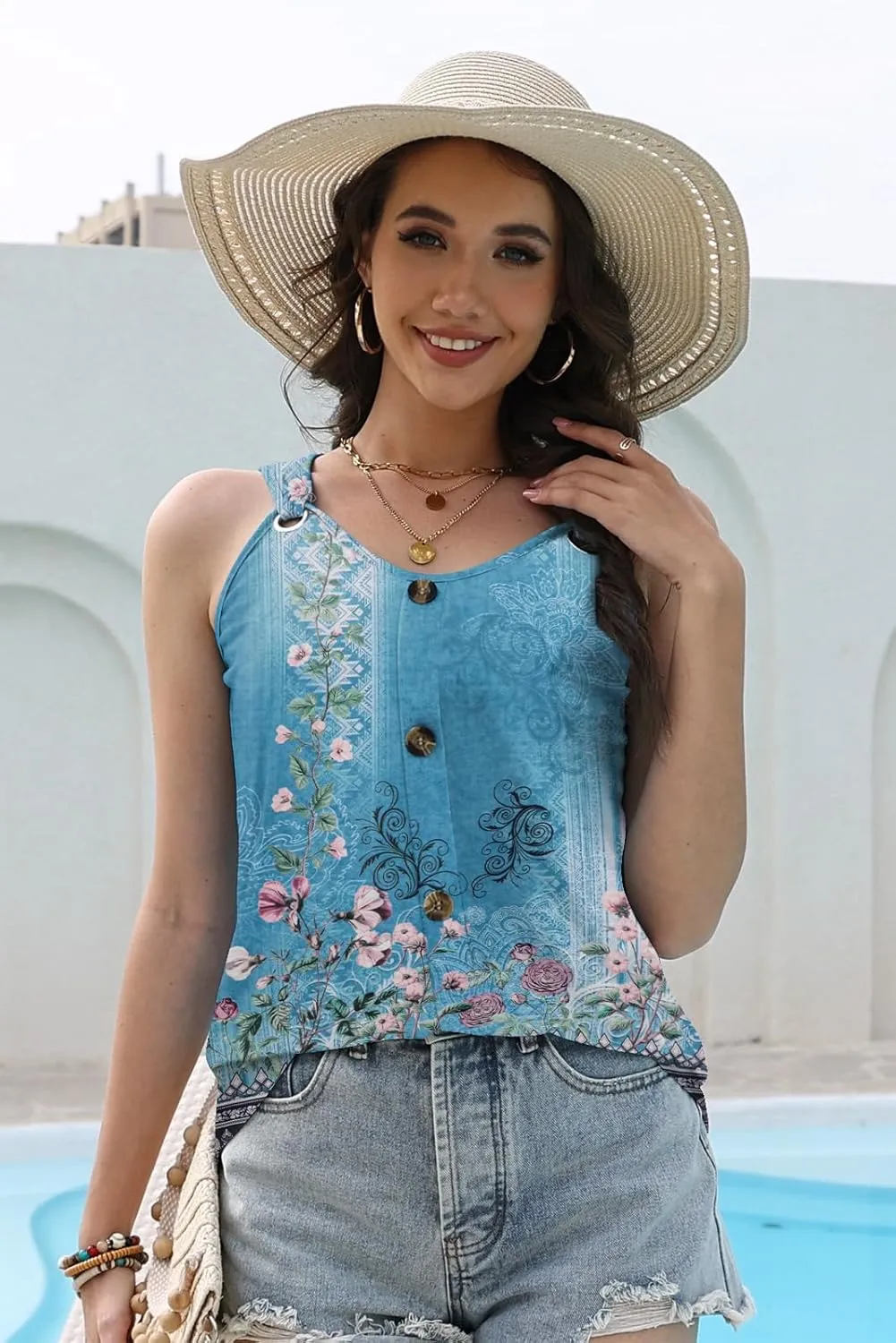 Disamer Tank Tops for Women 2025 Vacation Summer Spring Outfits Lace V Neck Button Down Loose Fit Sleeveless T Shirts