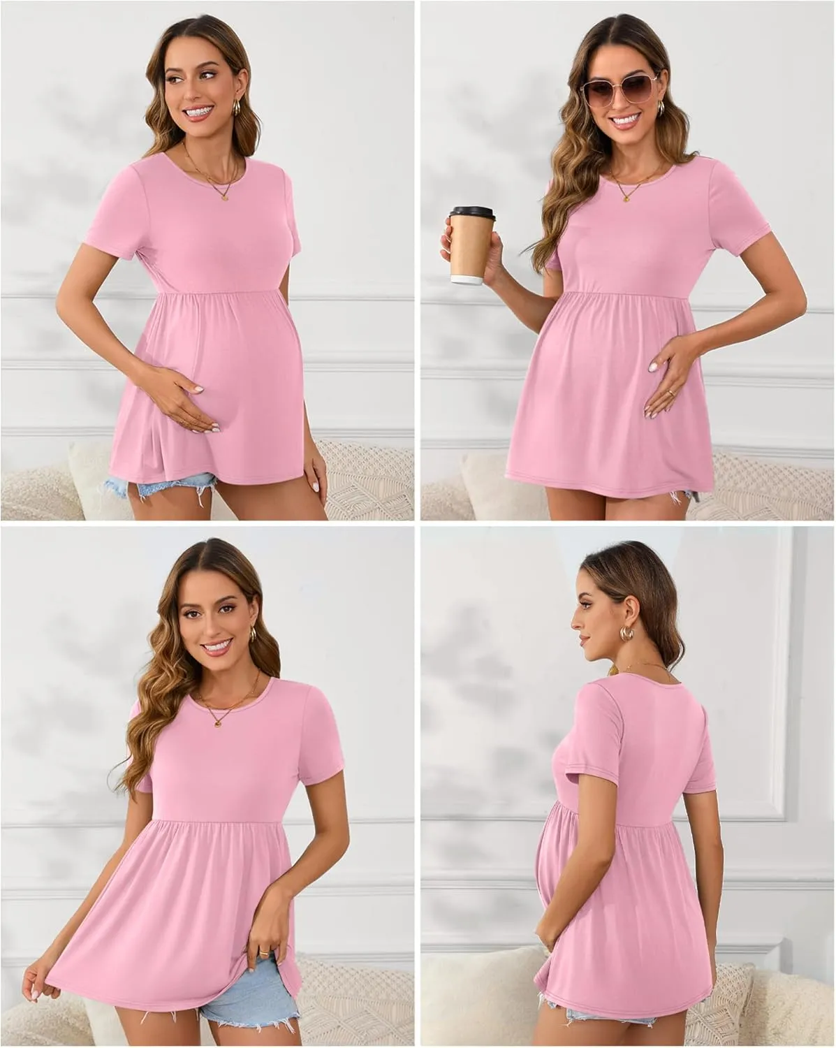 Ficerd 3 Packs Cotton Women's Maternity Tops Short Sleeve Scoop Neck Elastic Band High Waist Shirts Pregnancy Clothes