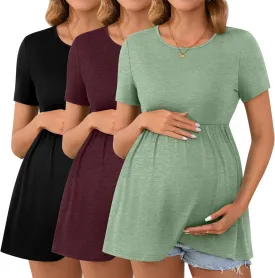 Ficerd 3 Packs Cotton Women's Maternity Tops Short Sleeve Scoop Neck Elastic Band High Waist Shirts Pregnancy Clothes