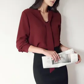 Front Tie Loose Chiffon Solid Color Blouse