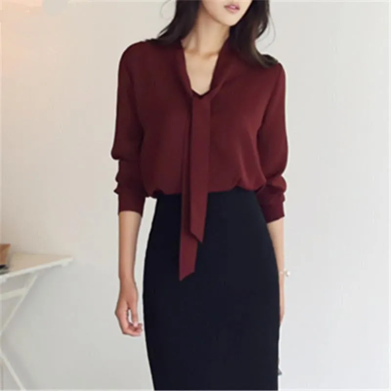 Front Tie Loose Chiffon Solid Color Blouse