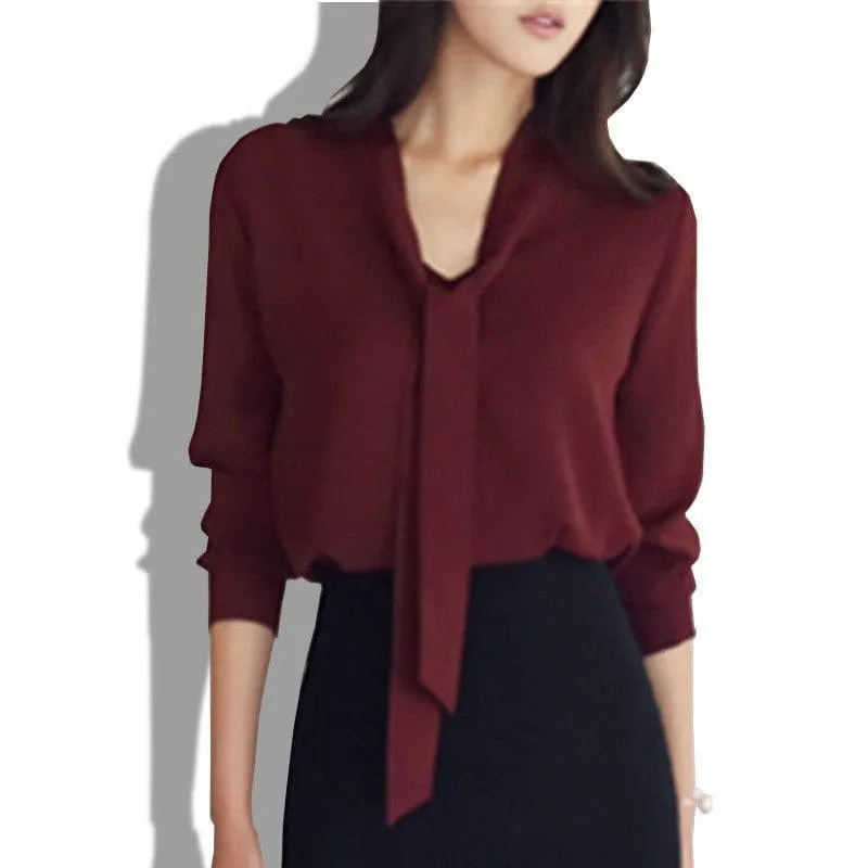 Front Tie Loose Chiffon Solid Color Blouse