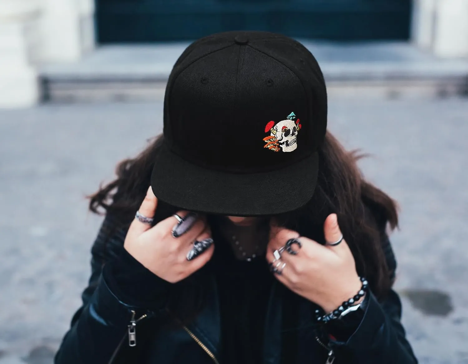 Gothic Skeleton Hand Flat Brim Hat Embroidery Skull Finger Cap Adjustable Snapback