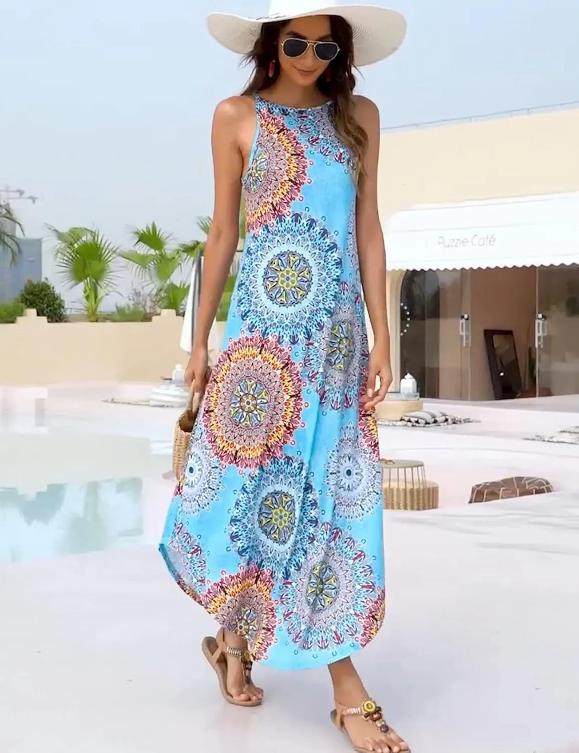 Halife Women's Summer Casual Sleeveless Beach Dress Long Halter Side Slit Maxi Sun Dresses