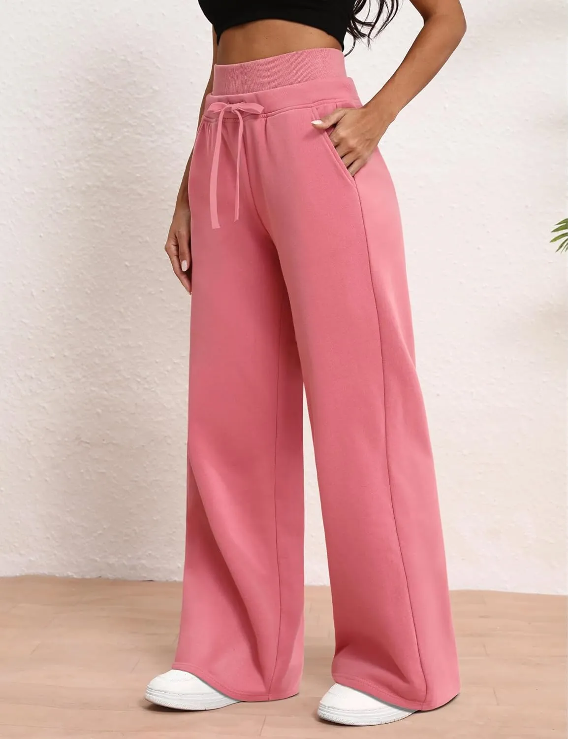 HeSaYep Women's Wide Leg Sweatpants Double Waisted Baggy Sweat Pants with Pockets