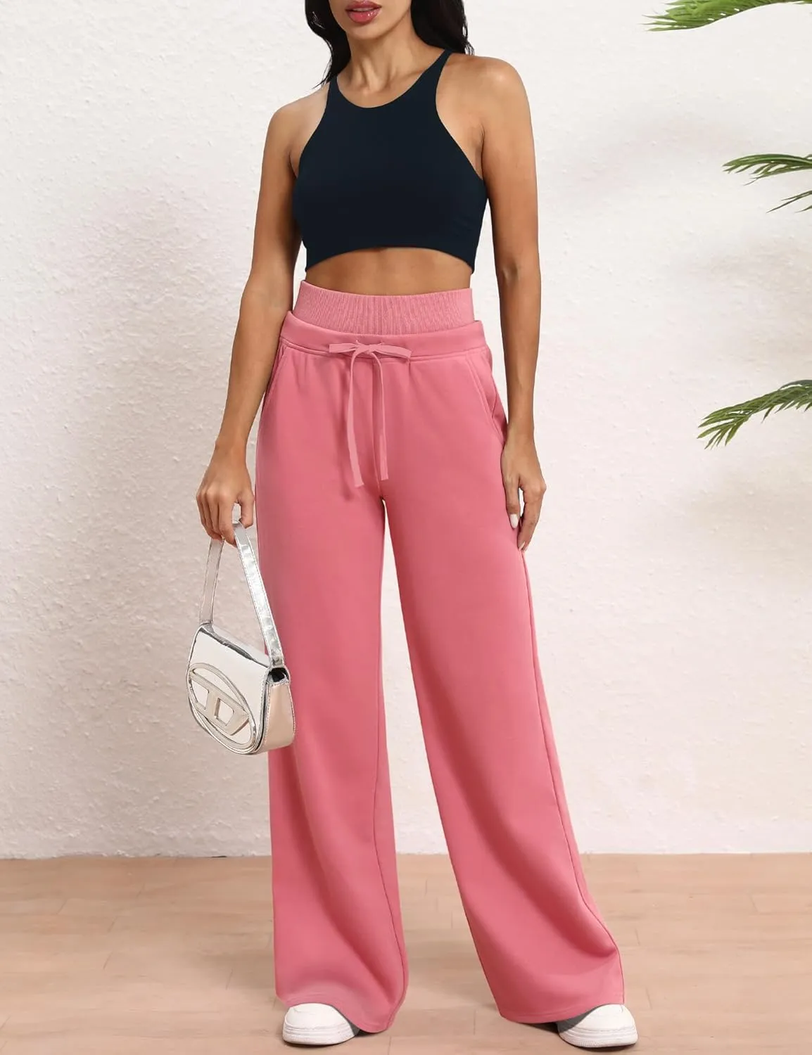 HeSaYep Women's Wide Leg Sweatpants Double Waisted Baggy Sweat Pants with Pockets