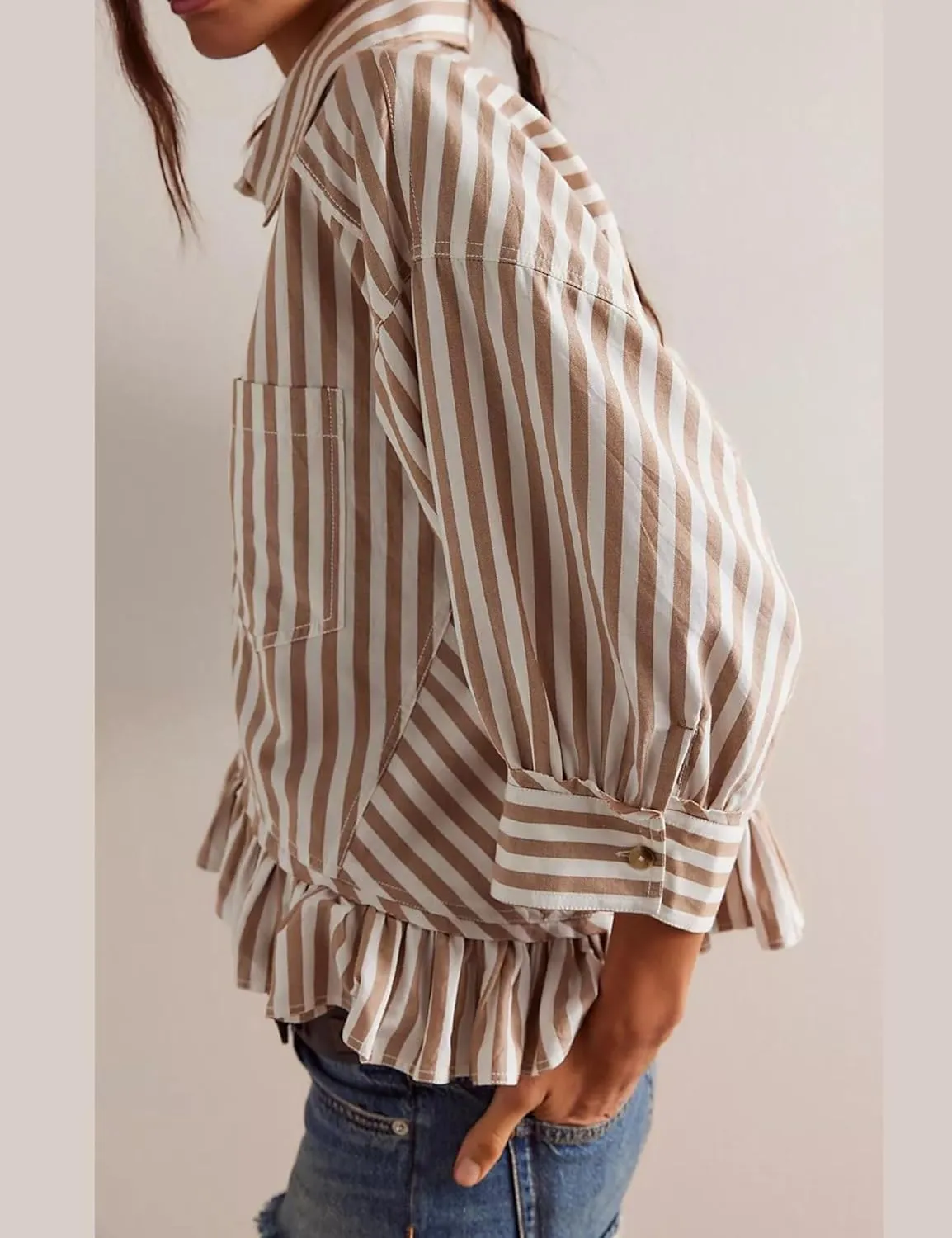 InterNos Womens Striped 3/4 Sleeve Blouse Loose V Neck Button Down Ruffled Hem Vertical Shirt Top with Pocket