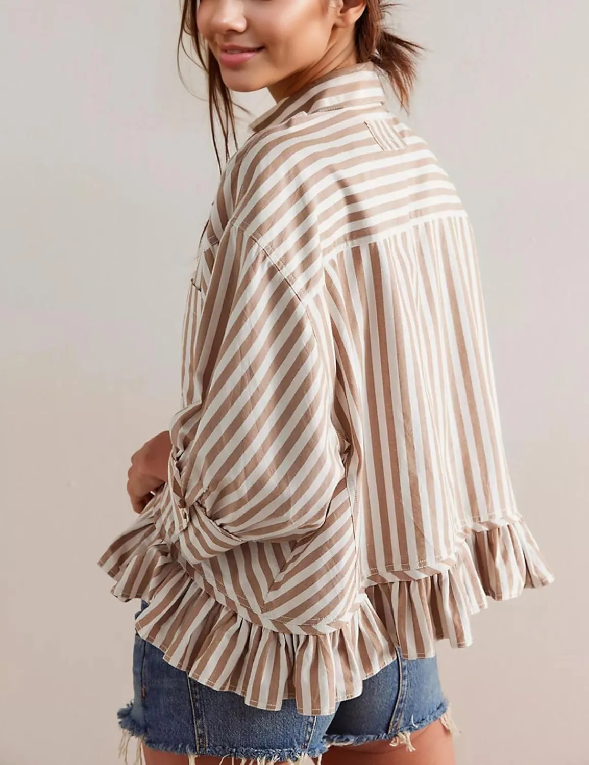 InterNos Womens Striped 3/4 Sleeve Blouse Loose V Neck Button Down Ruffled Hem Vertical Shirt Top with Pocket