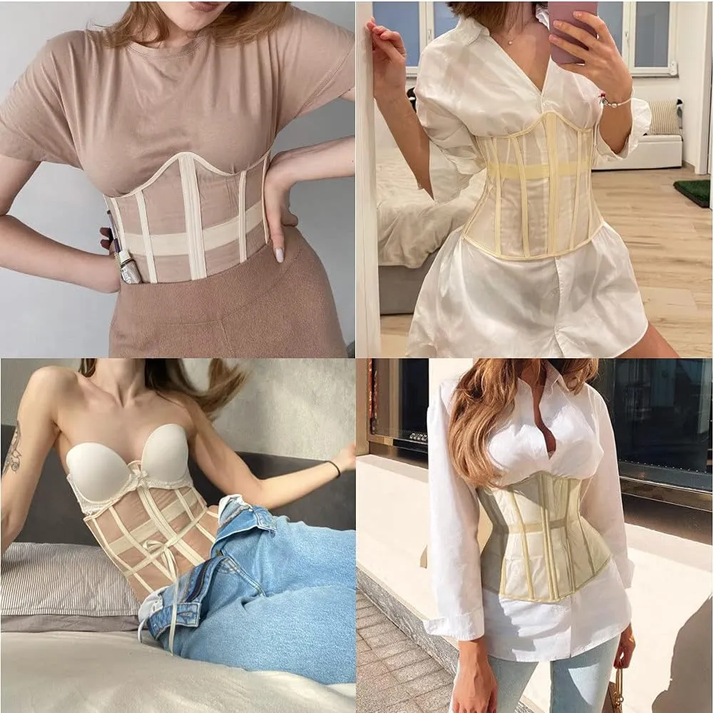 JUMISEE Women See Through Mesh Lace Up Corset Bustier Sexy Boned Wrap Bandage Tube Crop Top Waist Cincher Wide Belt